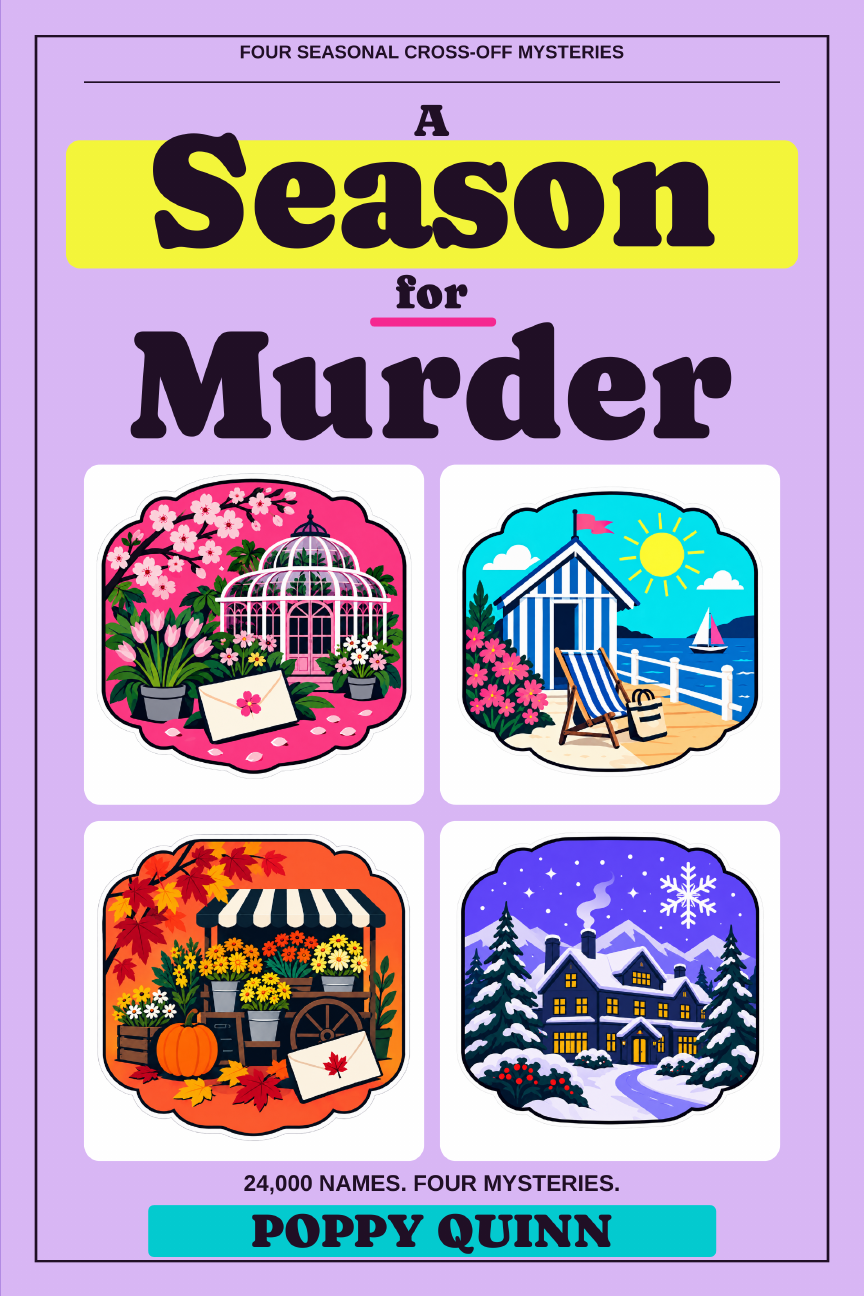 A Season for Murder cover with colorful illustrations of all four seasons.