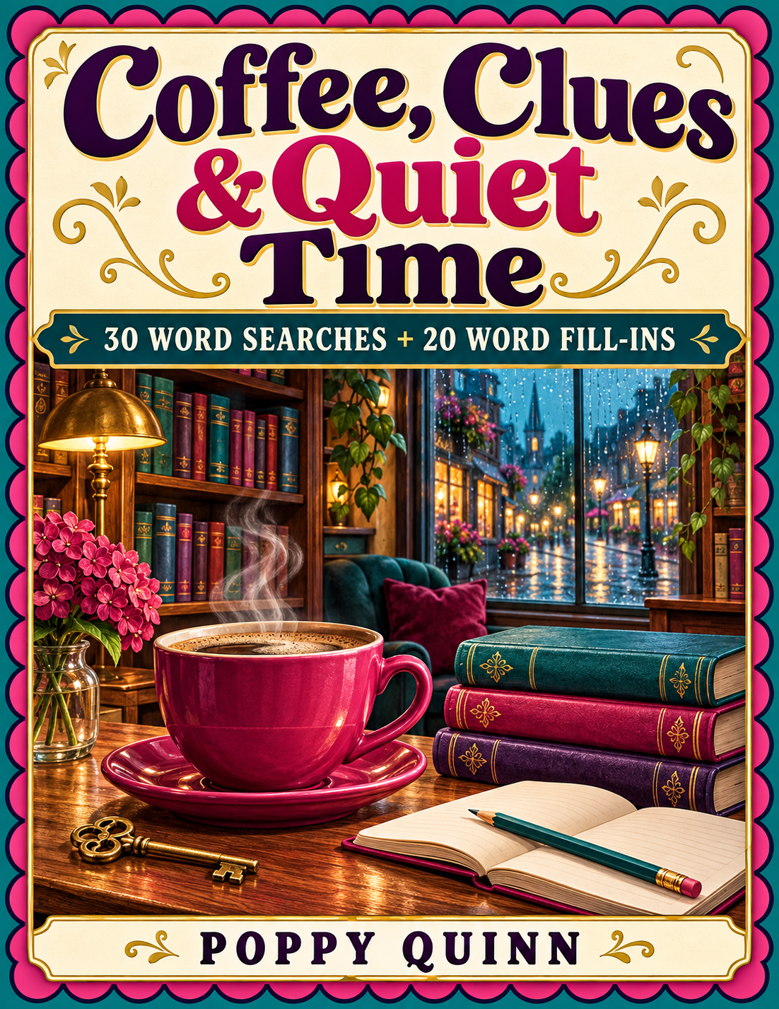 Coffee, Clues and Quiet Time cover with a coffee cup and rainy bookshop scene.