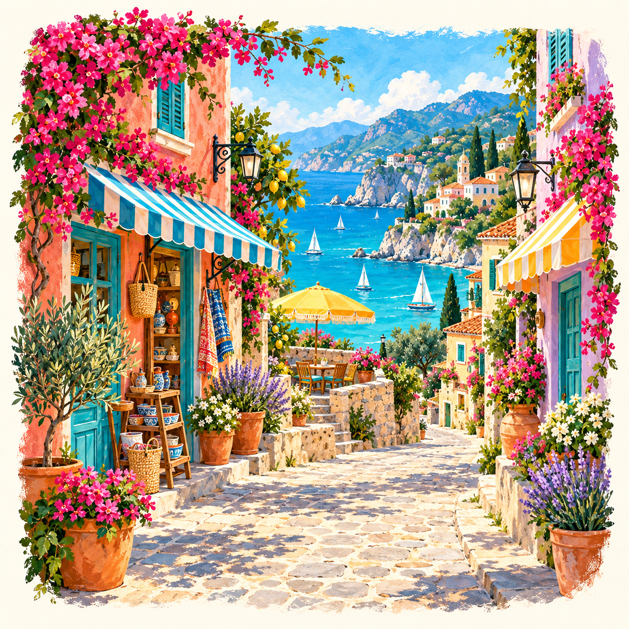 Sunny seaside lane with colorful shops, flowers, and turquoise water.