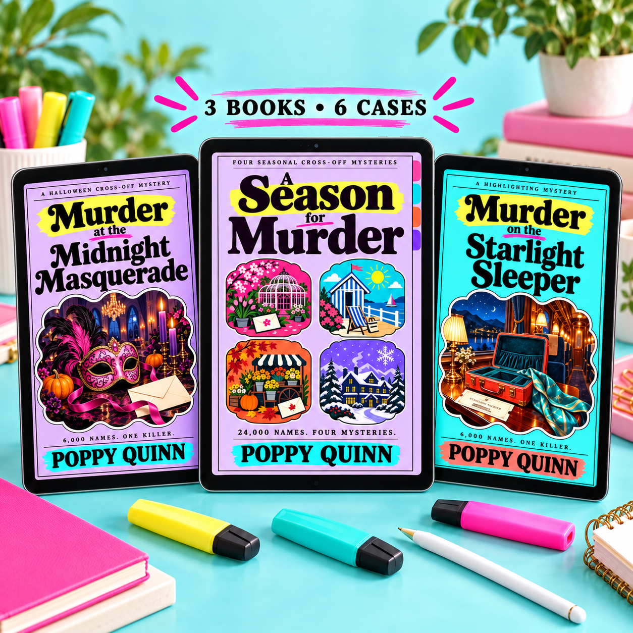 Three tablets showing A Season for Murder, Midnight Masquerade, and Starlight Sleeper beside colorful highlighters.
