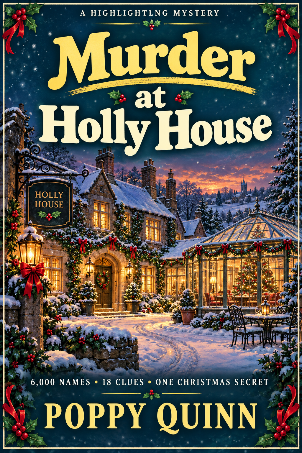Snowy Christmas inn decorated with red ribbons on the Holly House cover.