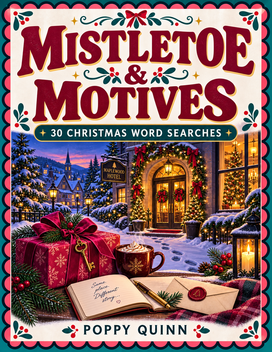 Mistletoe and Motives cover showing a snowy village hotel and festive gifts.