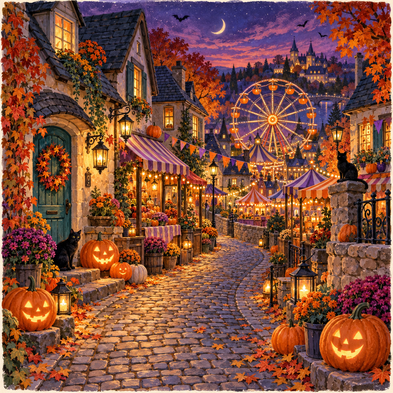 Halloween village lane with glowing pumpkins and a moonlit carnival.