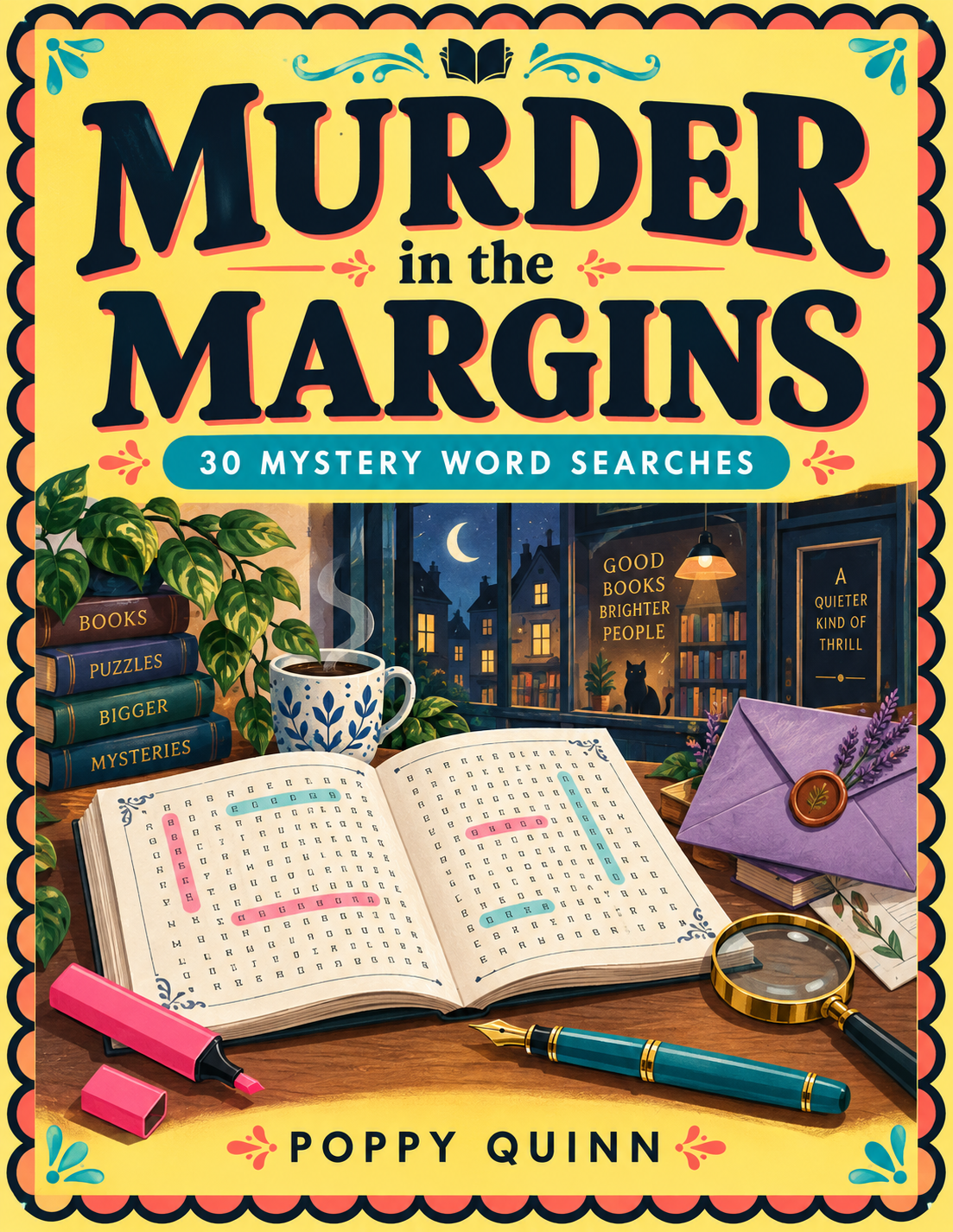 Yellow Murder in the Margins cover featuring a warmly lit bookshop.