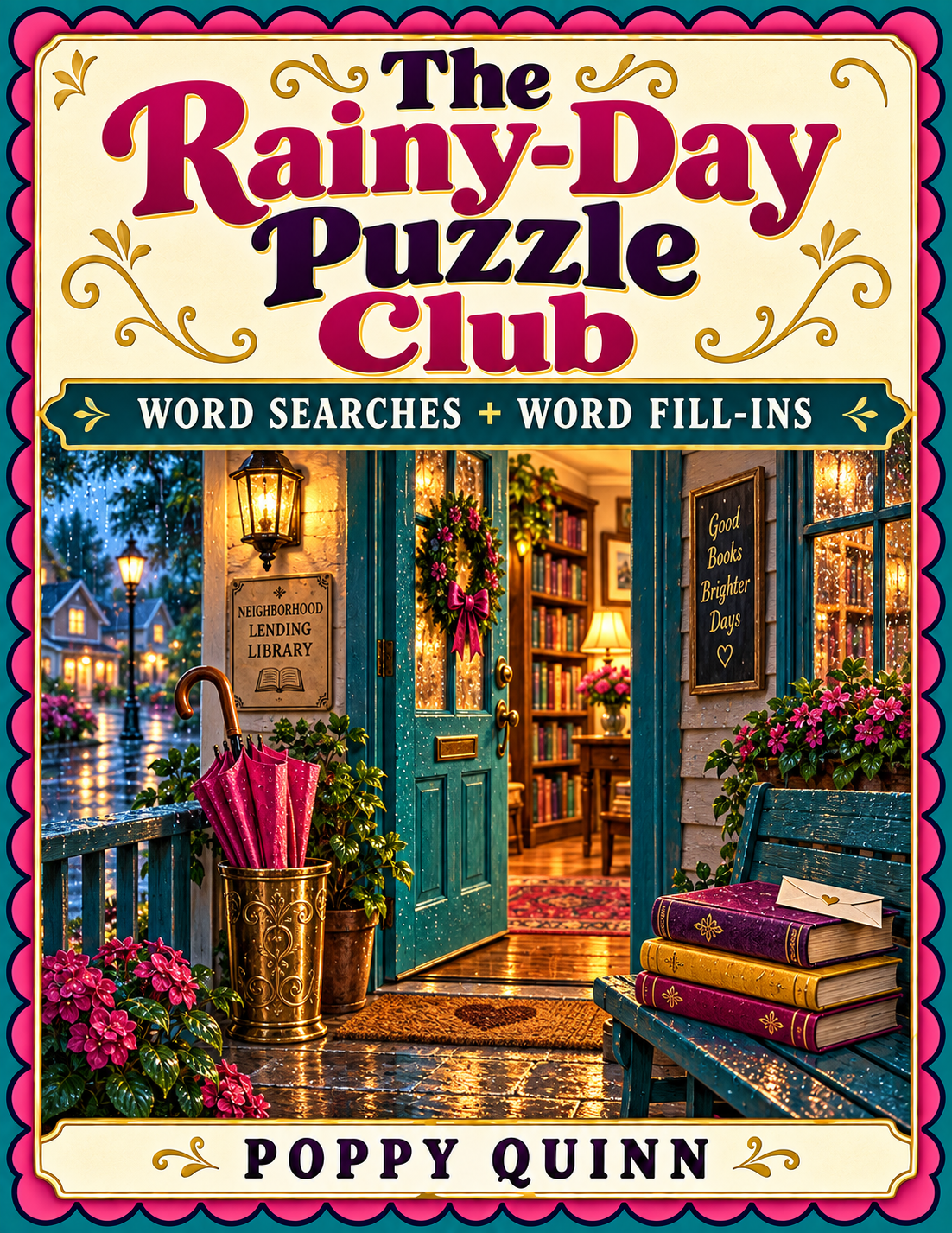 Bright pink Rainy-Day Puzzle Club cover with a welcoming library porch.