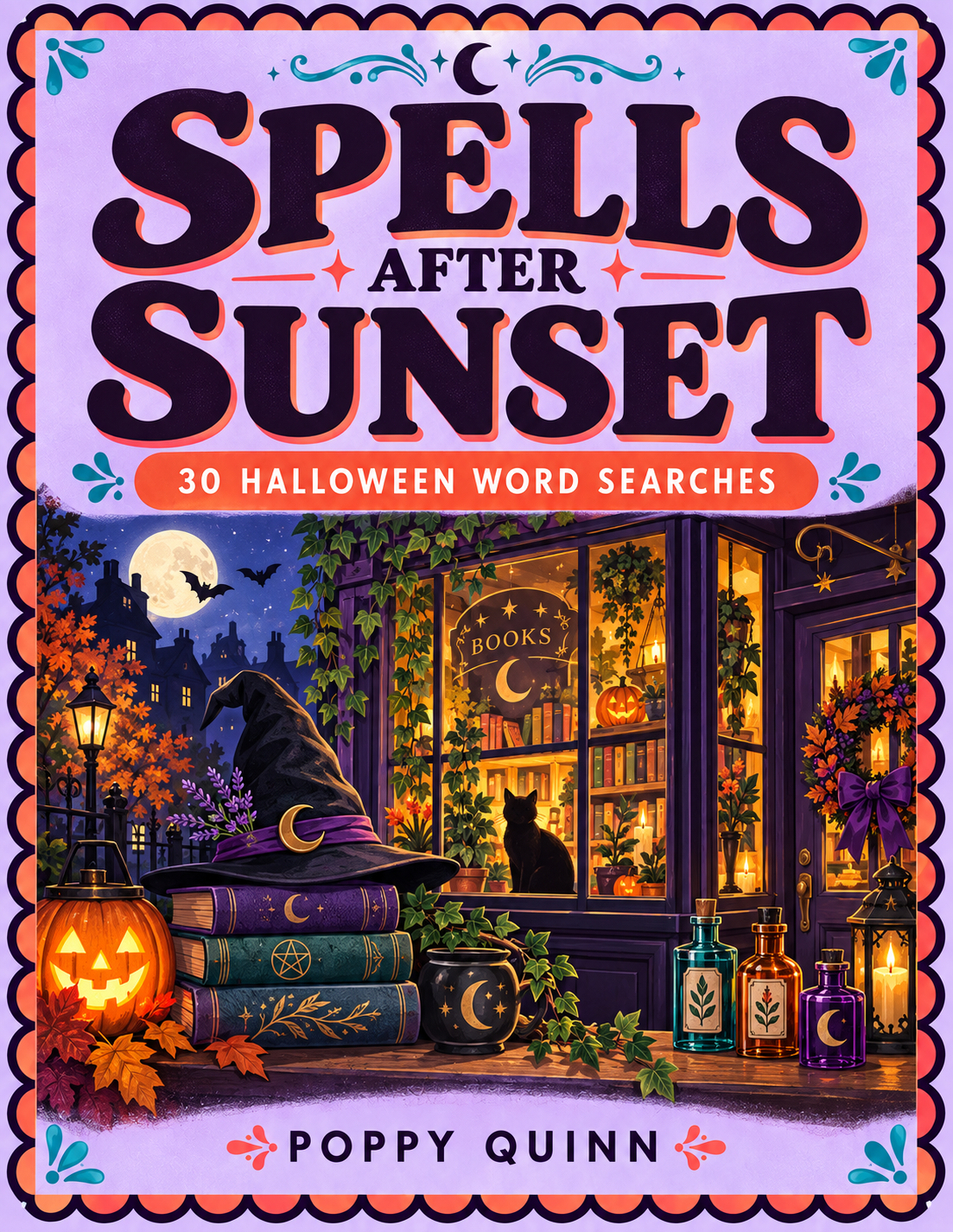 Purple Spells After Sunset cover with pumpkins and a candlelit bookshop.