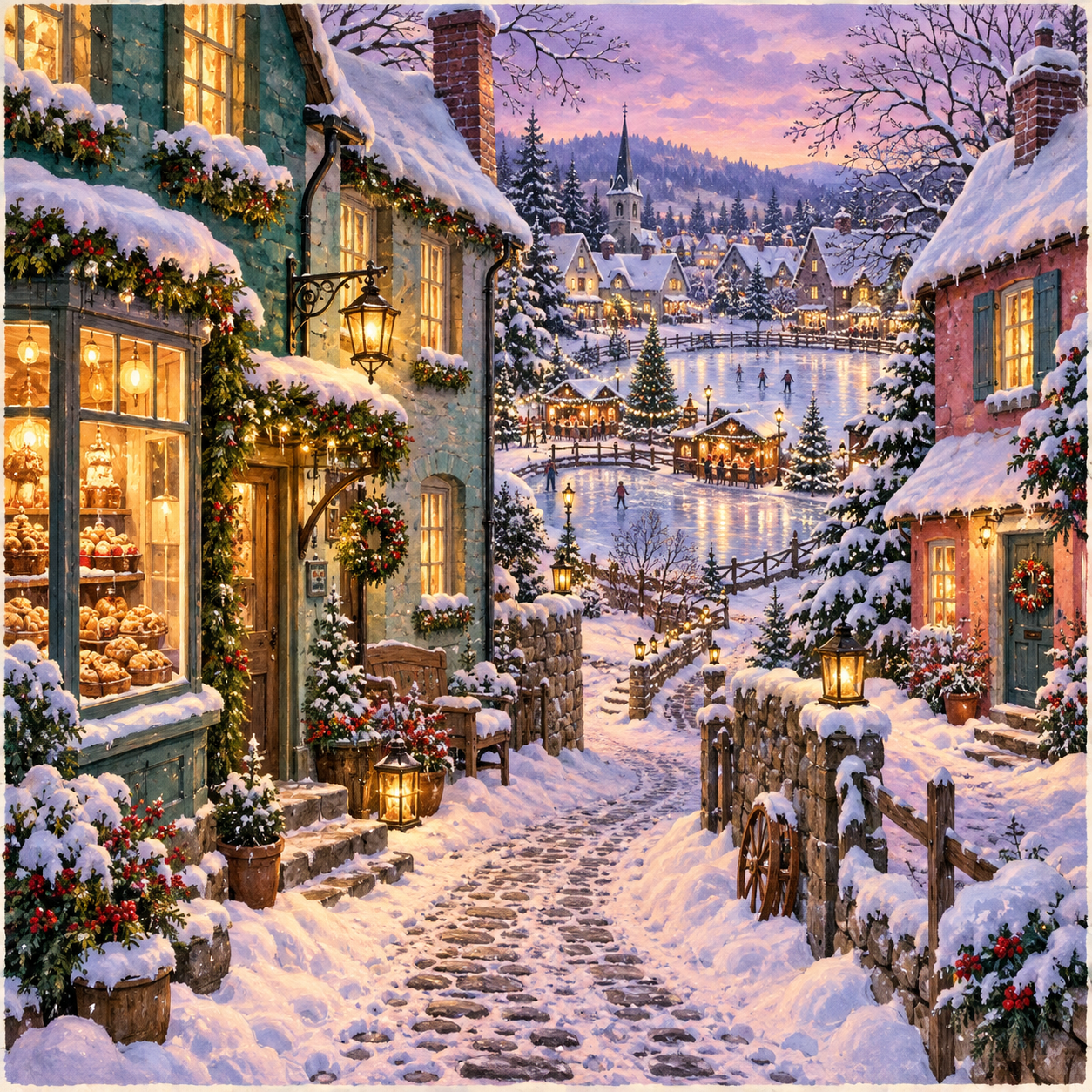Snowy village lane leading toward a winter market and skating pond.